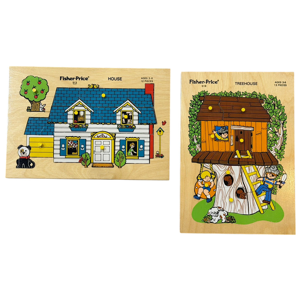 Fisher-Price Wooden Peg Puzzles Lot 1970s Vintage House & Treehouse #513 #518